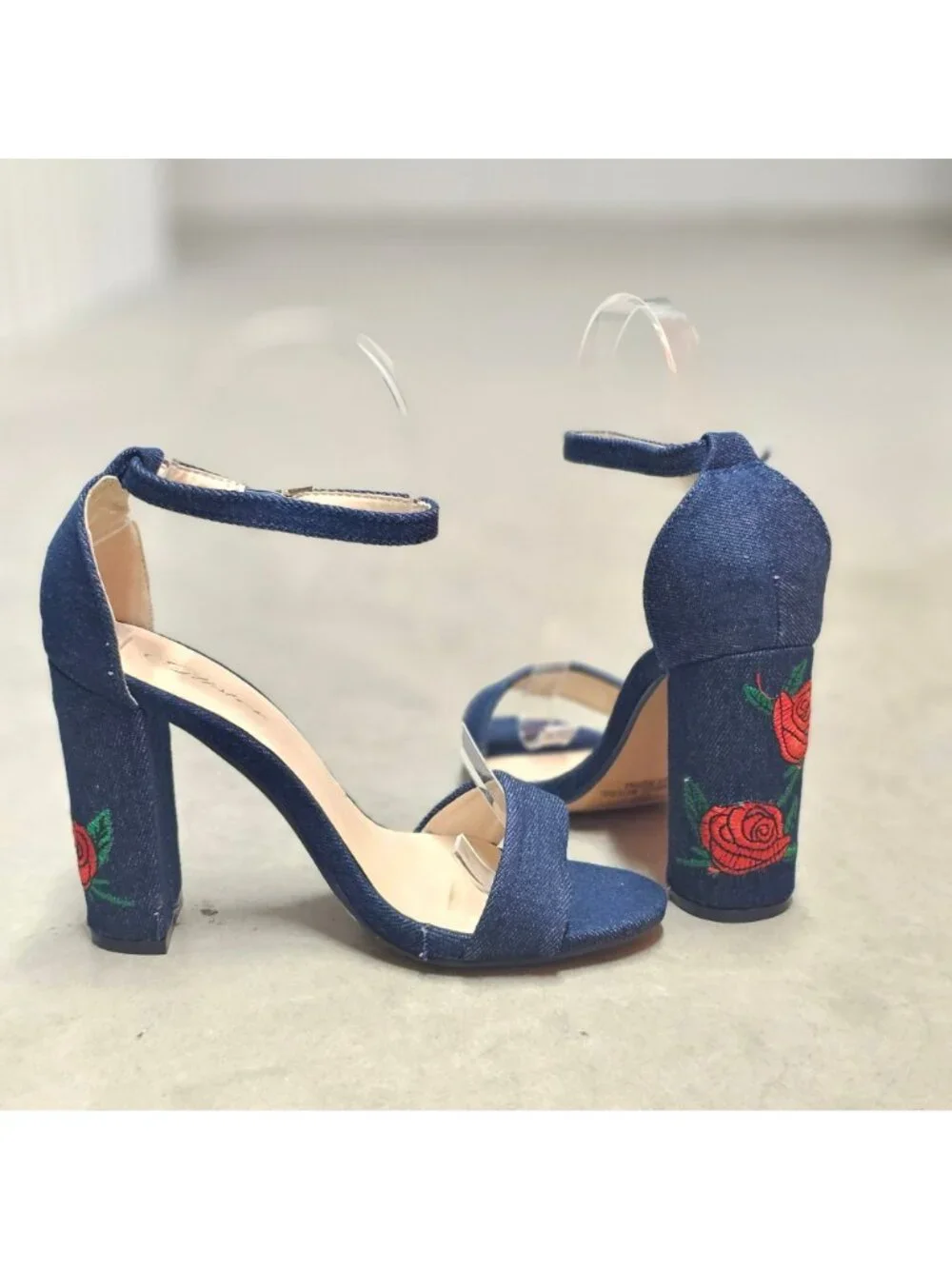 Denim Block Heels With Embroidered Red Rose Design & Adjustable Ankle Strap - Wo